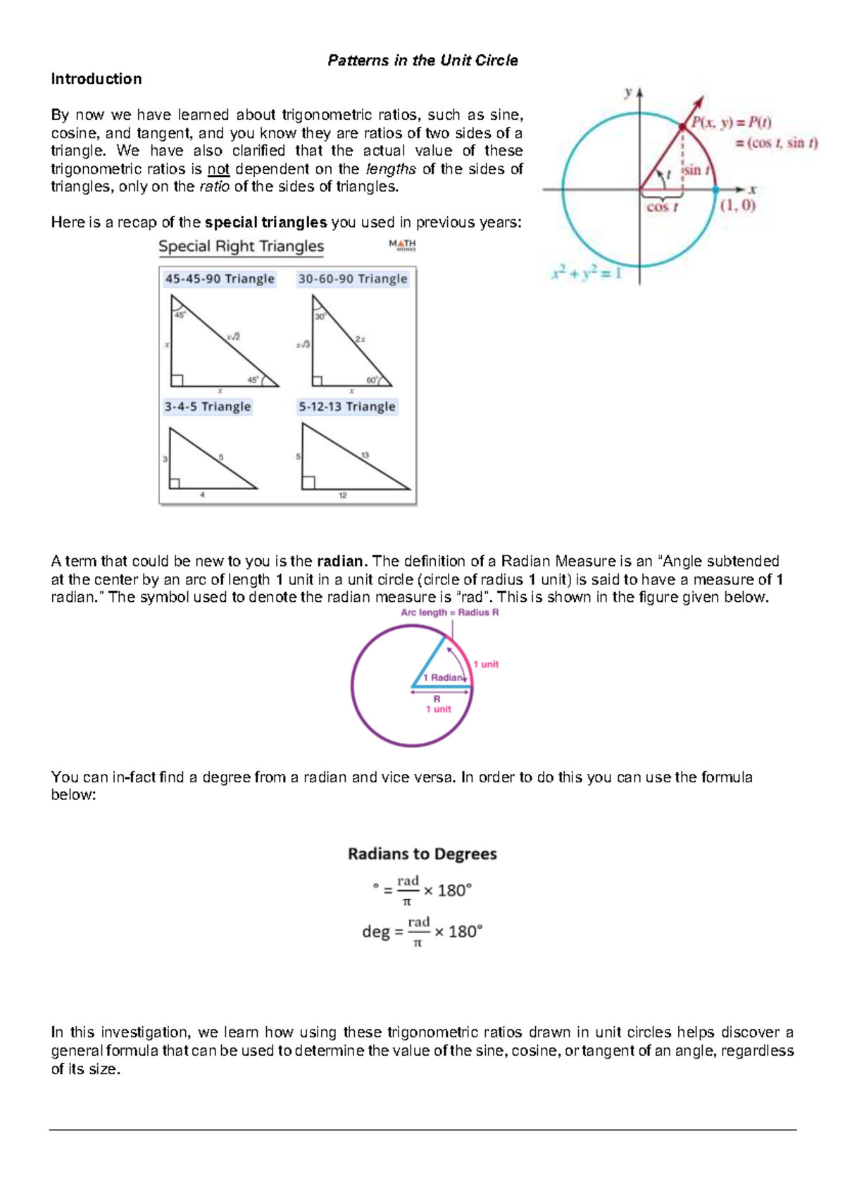Trig 01 AS Y5 - Exploring Patterns in the Unit Circle - Studocu