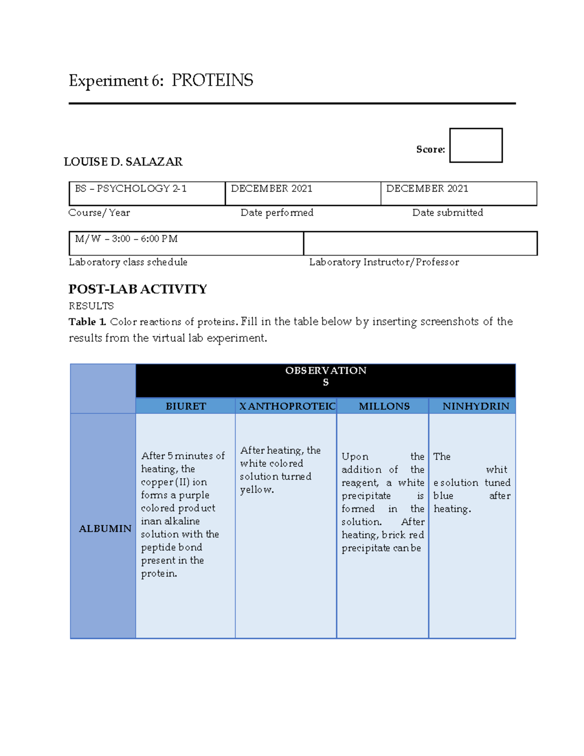 Chem 2221 Post-Lab Activity: Protein Reactions and Observations - Studocu