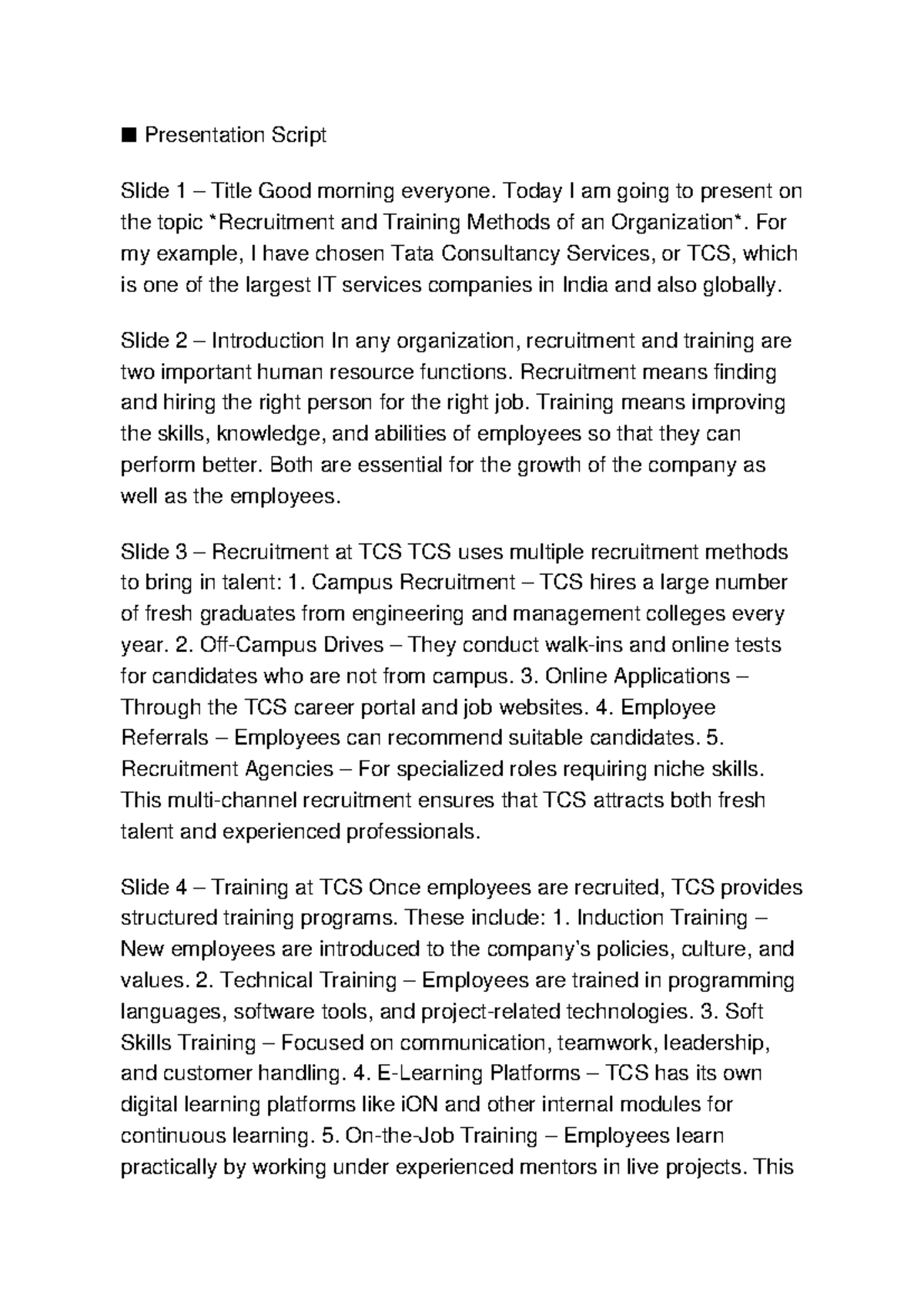 Recruitment & Training Methods at TCS: Presentation Script - Studocu