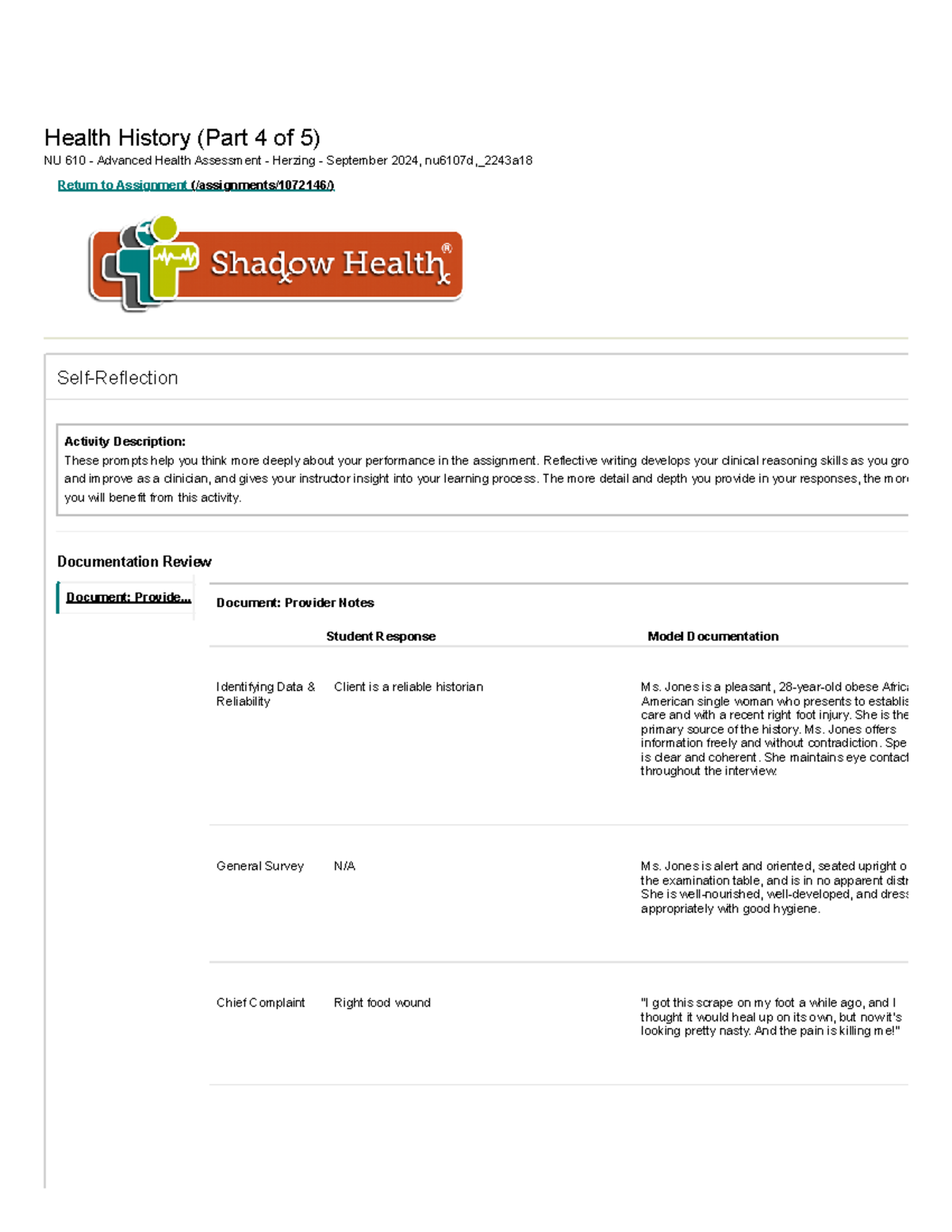 Shadow Health Provider Response Notes Unit 2A - Health History (Part 4 ...