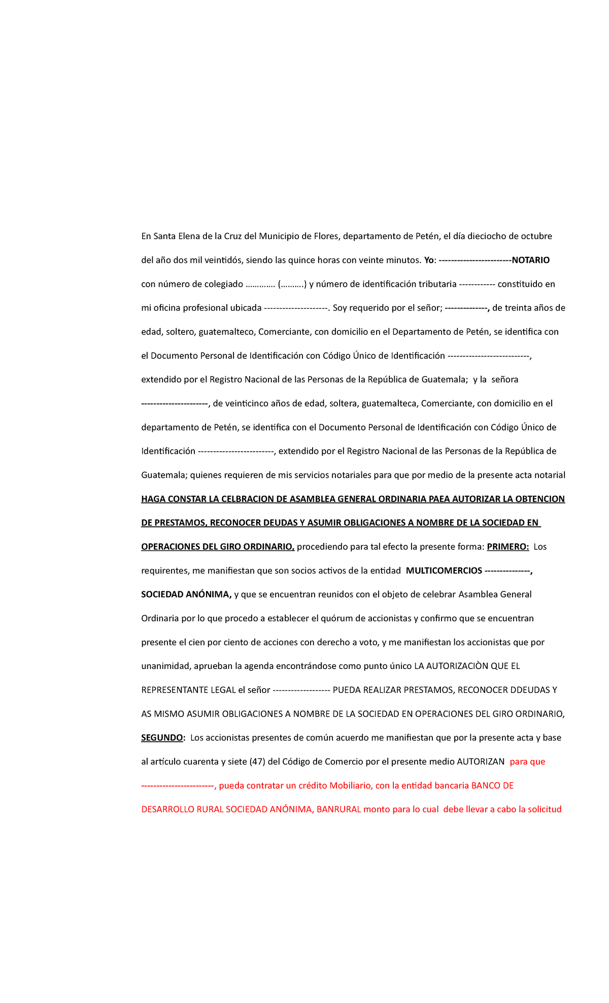 ACTA Notarial: Autorización de Créditos para SA en Petén - Document Preview