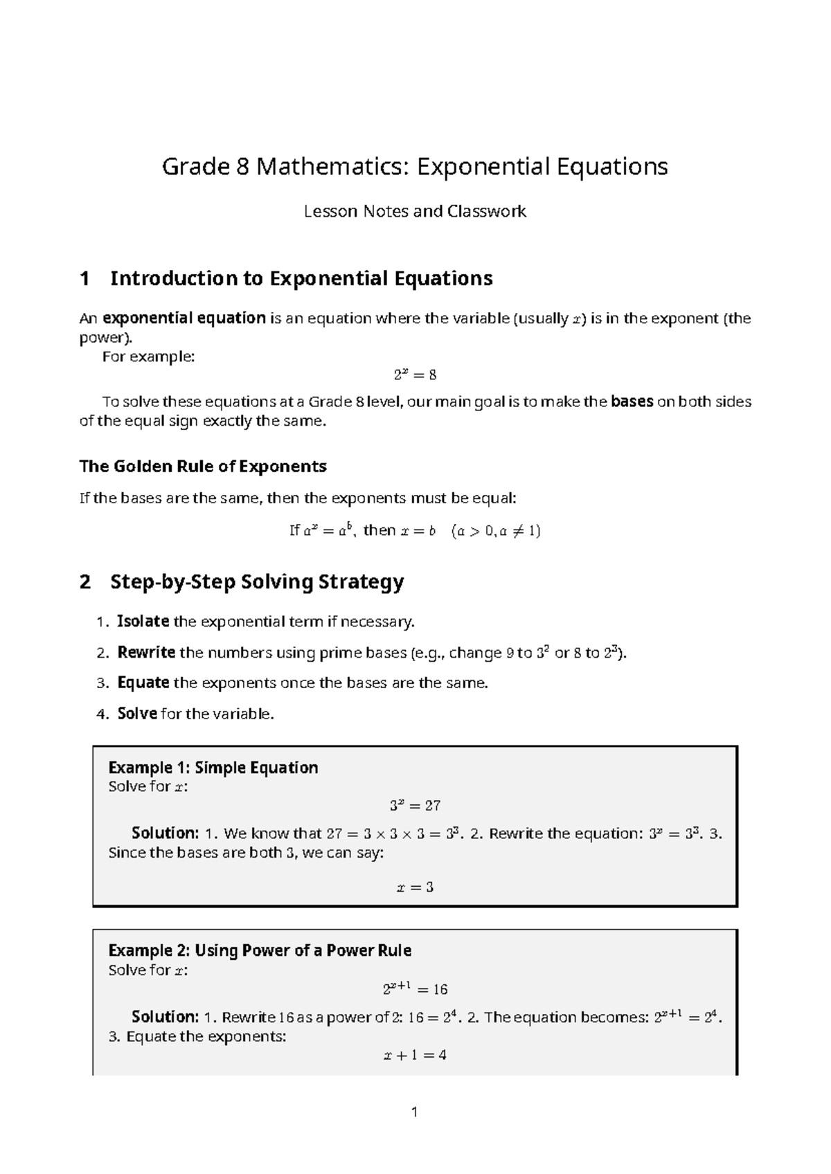 Grade 8 Math: Exponential Equations Lesson Notes & Classwork - Studocu