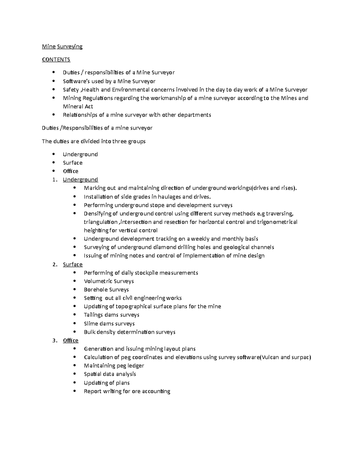 Mine Surveying Notes - Roles, Software, and Regulations - Studocu