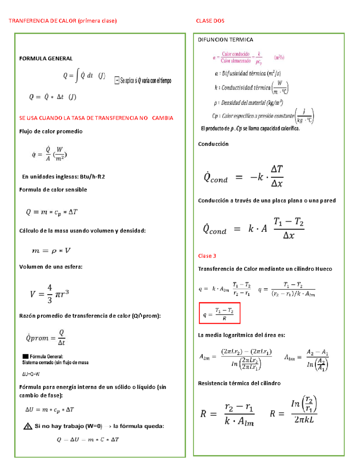 TRANSFERENCIA DE CALOR: CLASE 2 Y 3 - FORMULAS Y CÁLCULOS - Studocu