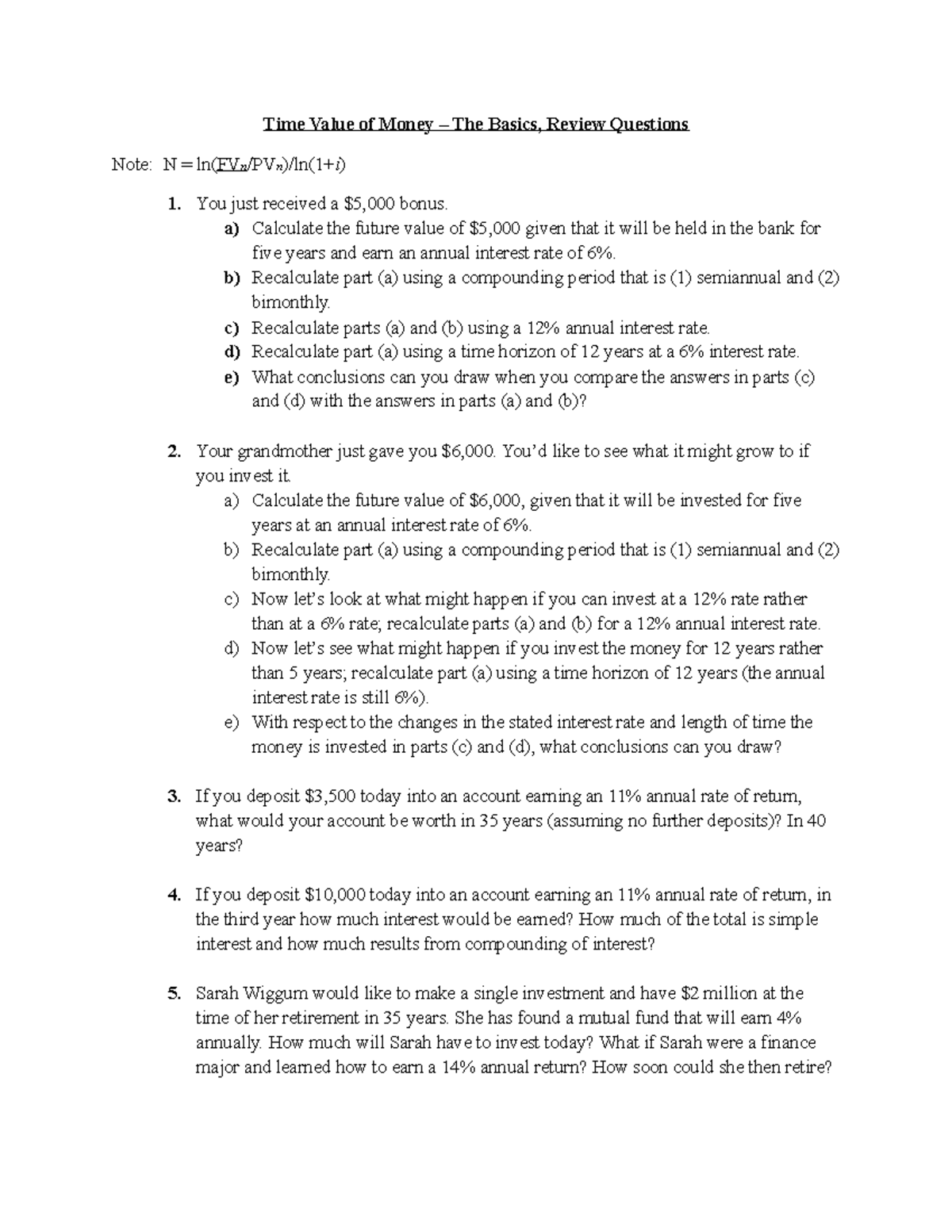 Time Value of Money Review Questions - Time Value of Money – The Basics ...