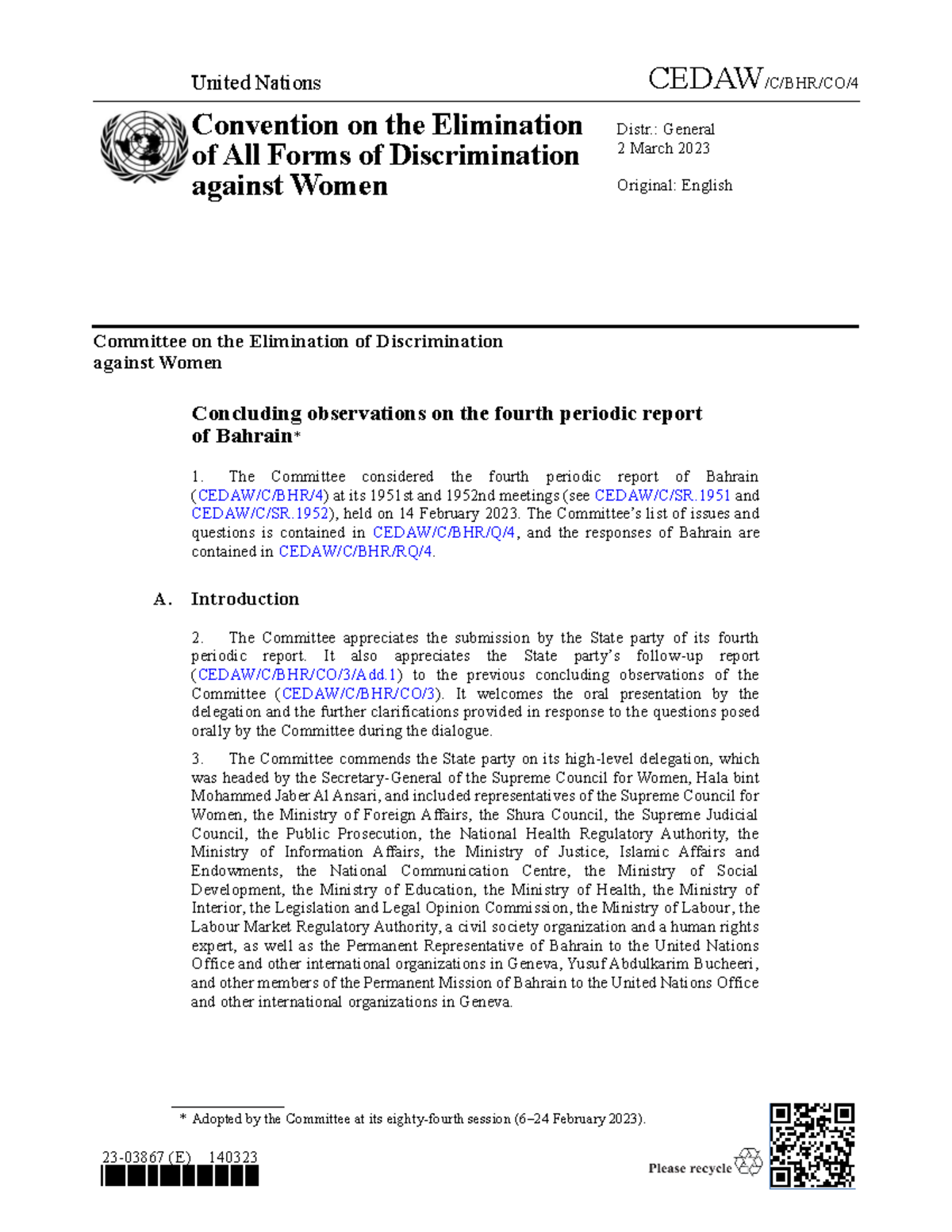 Bahrain's 4th Periodic Report on Women's Rights: CEDAW Concluding ...