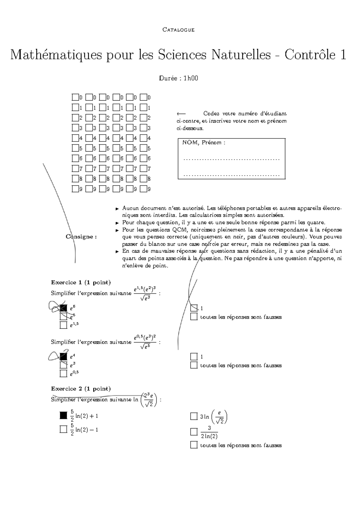 Mathématiques pour les Sciences Naturelles - Contrôle 1 (DOC-catalog ...