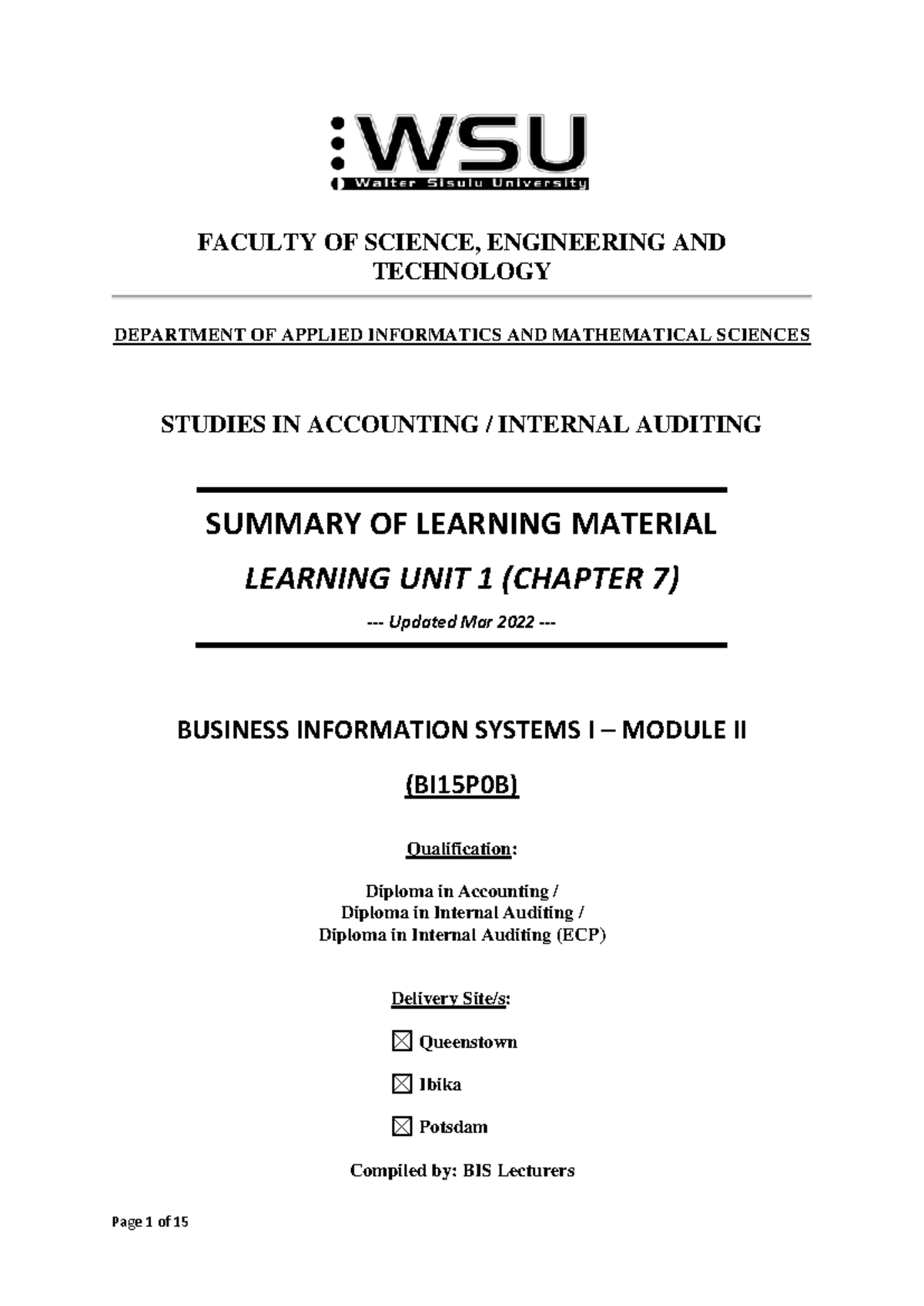 Summary of Learning Material BI15P0B - Business Information Systems I ...