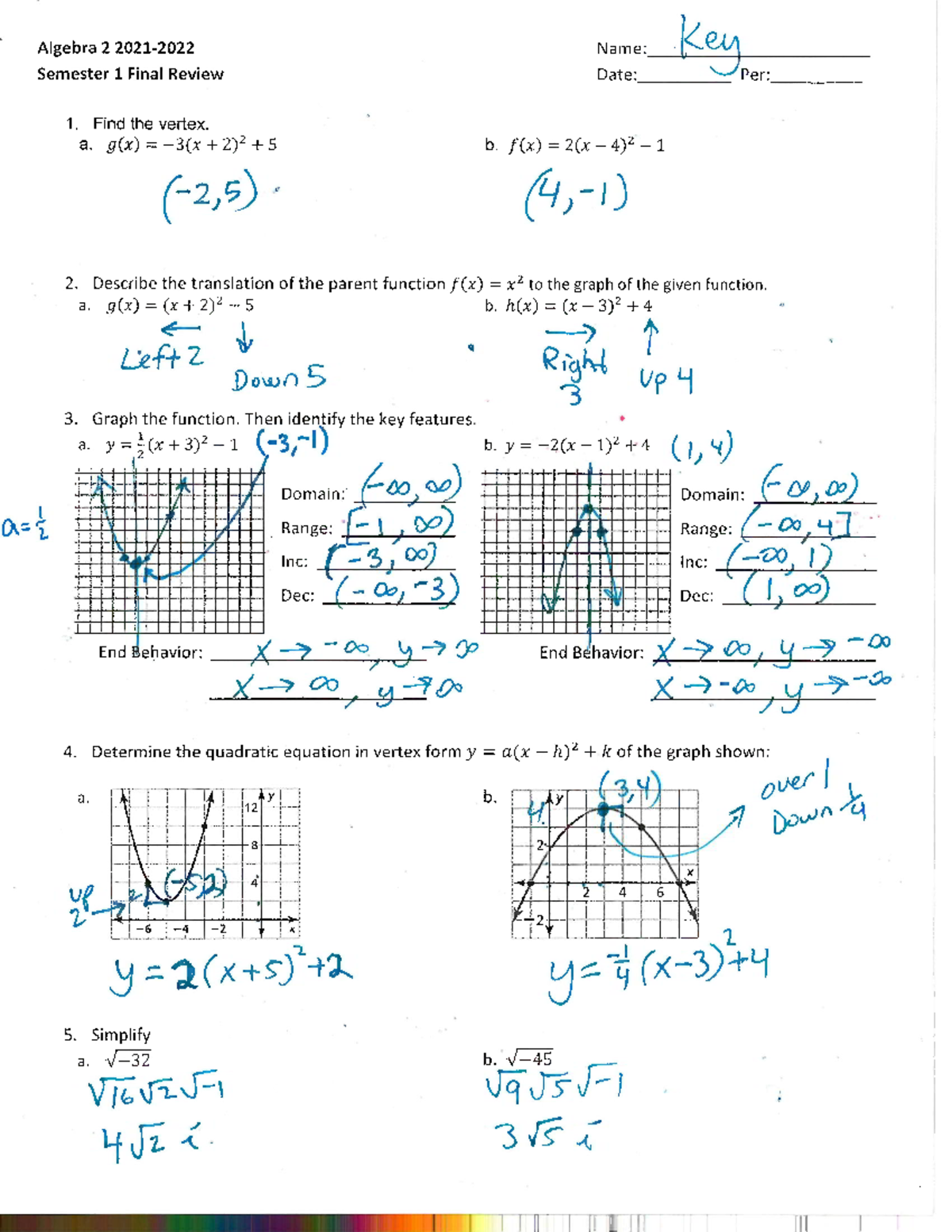 Algebra 2 (MATH 201) Semester 1 Final Review Guide - Studocu