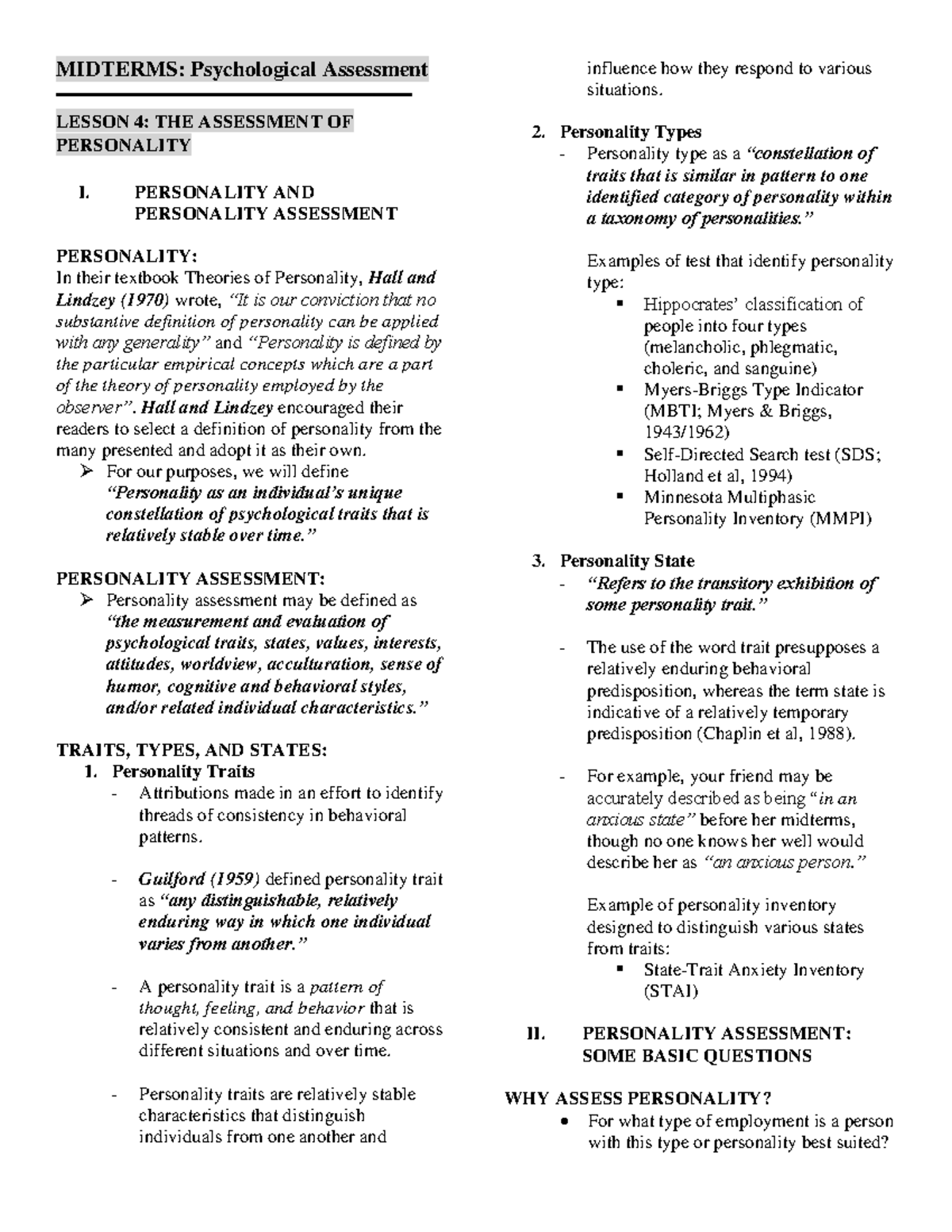 Midterms PSY 101: Comprehensive Guide to Psychological Assessment - Studocu