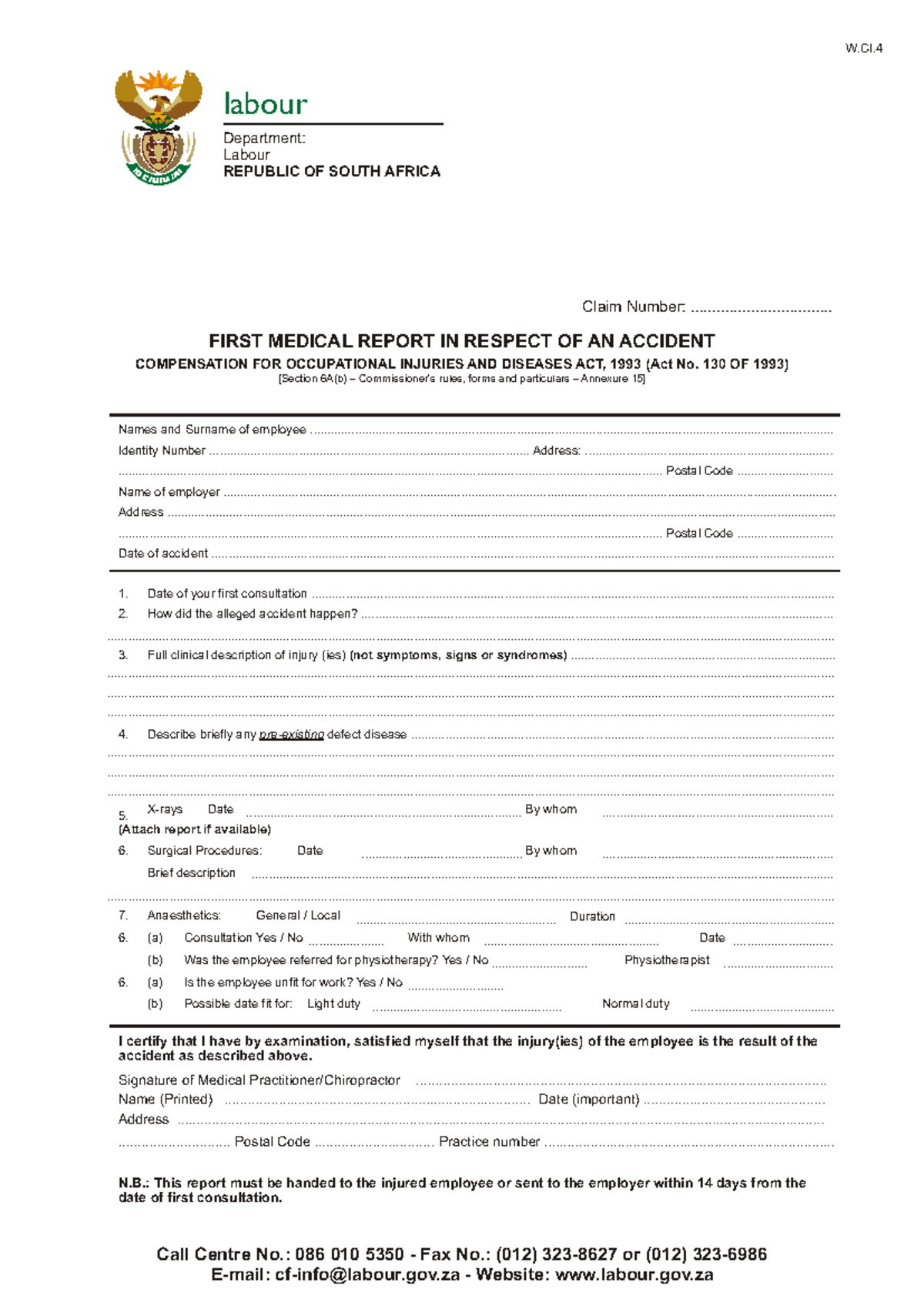 First Medical Report for Occupational Injury Claim - W.Cl.4 - Studocu