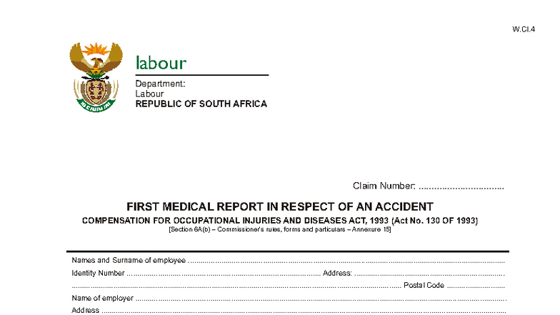 First Medical Report for Occupational Injury Claim - W.Cl.4 - Studocu