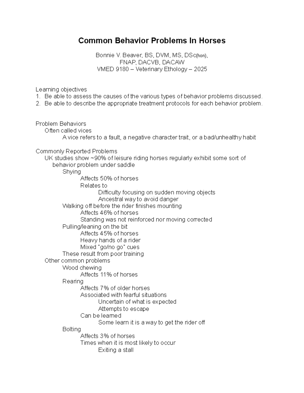 Common Behavior Problems in Horses - VMED 9180 Ethology Study Guide ...