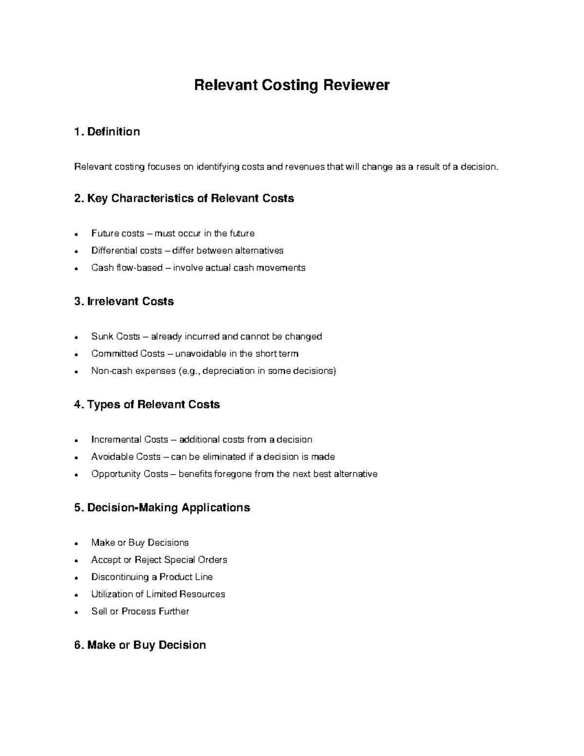 Relevant Costing Review: Key Concepts and Applications - Studocu
