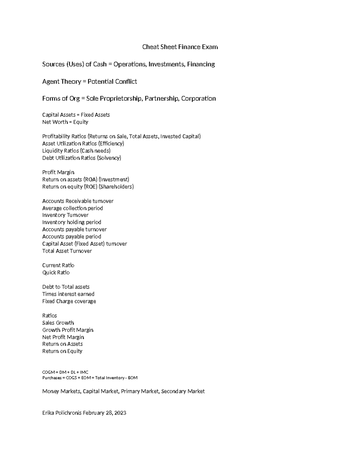 Cheat Sheet for Finance Exam: Cash Sources & Key Ratios - Studocu