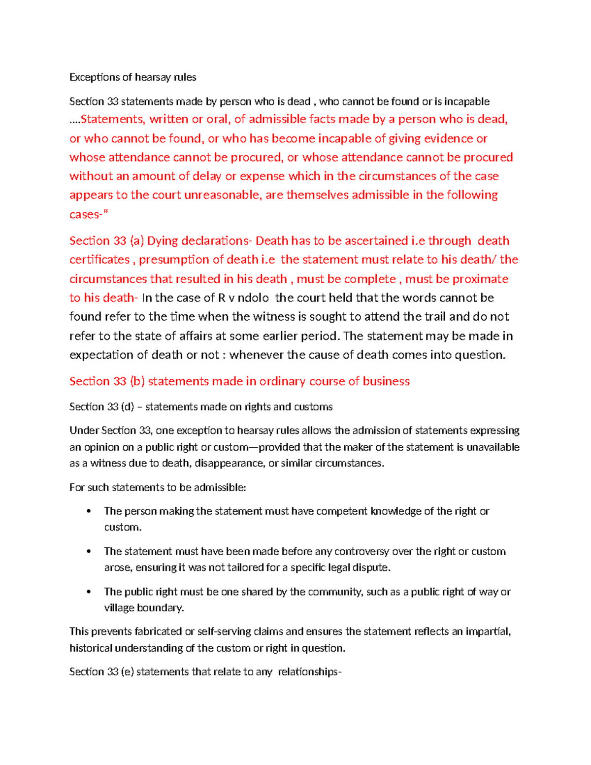 Exceptions to Hearsay Rules: Section 33 and Related Provisions - Studocu