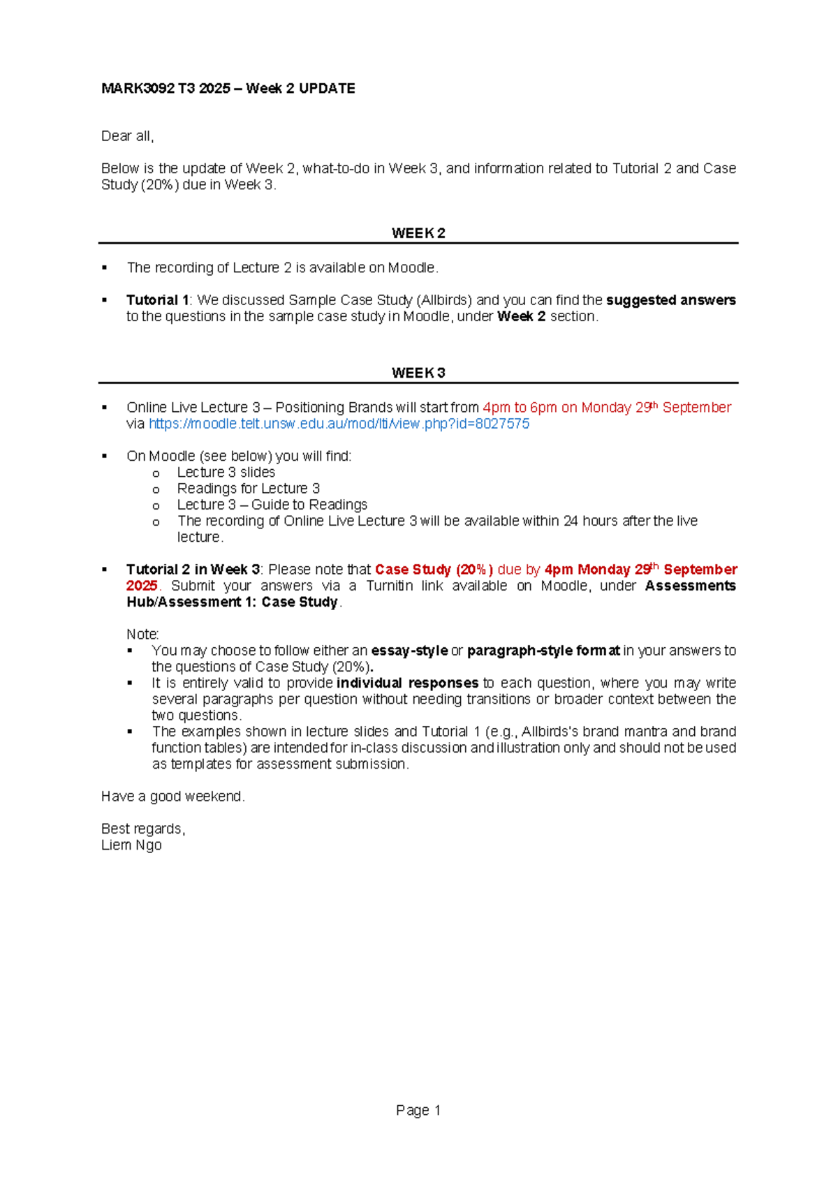 MARK3092 T3 2025 Week 2 & 3 Updates: Lectures & Case Study Info - Studocu