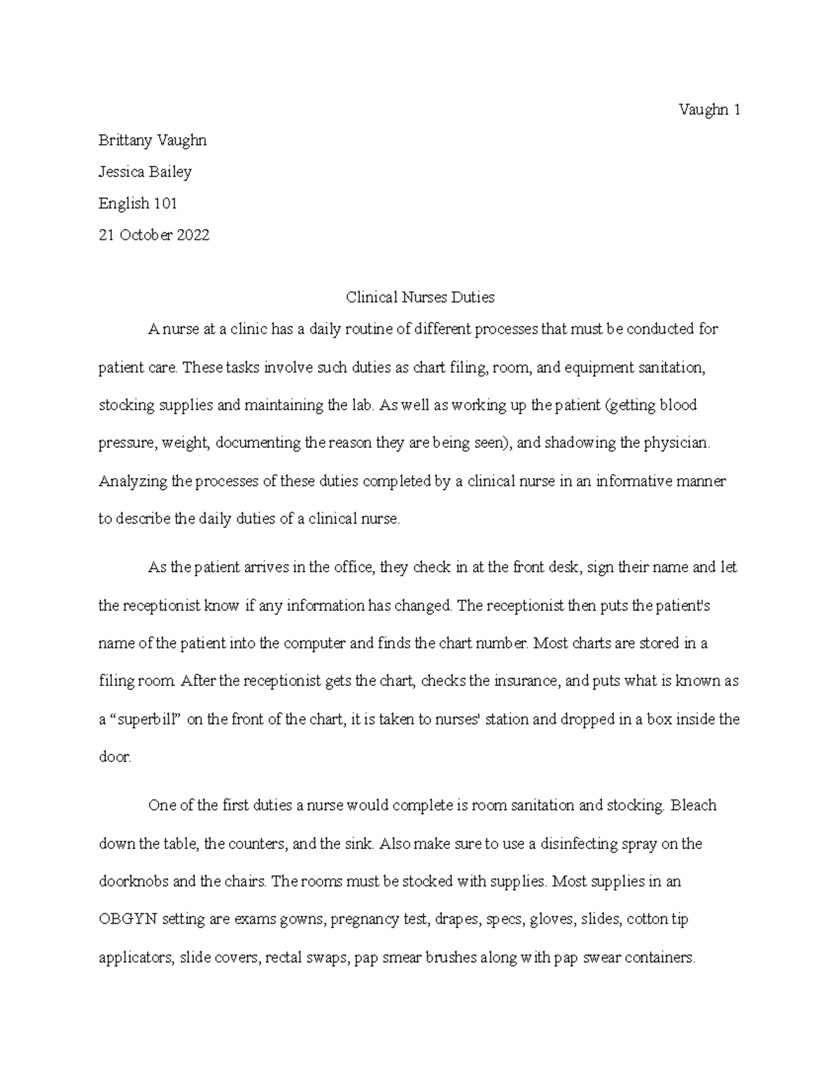 Process Analysis Essay on Clinical Nurses' Daily Duties in English 101 ...