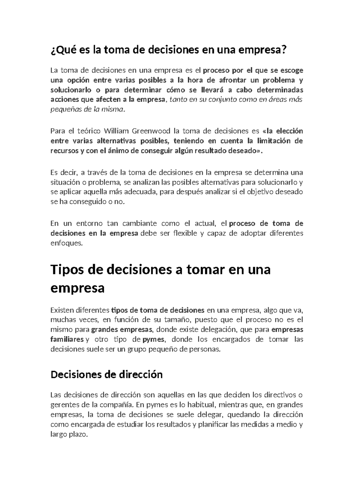 La Toma de Decisiones en una Empresa: Proceso y Tipos - Studocu