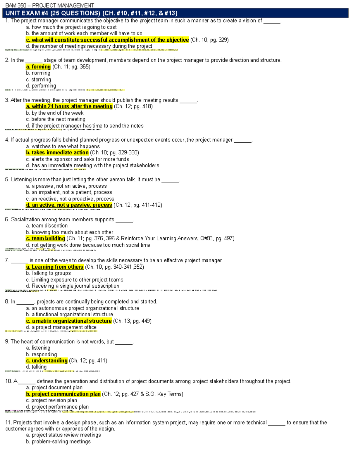 BAM 350 - Project Management Unit Exam #4 (25 Qs & Answers) - Studocu