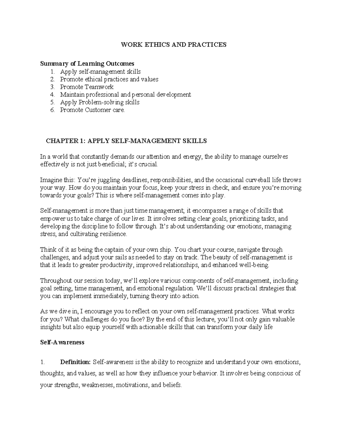 Work Ethics and Practices Notes - CHPT 1 & 2 Summary - Studocu