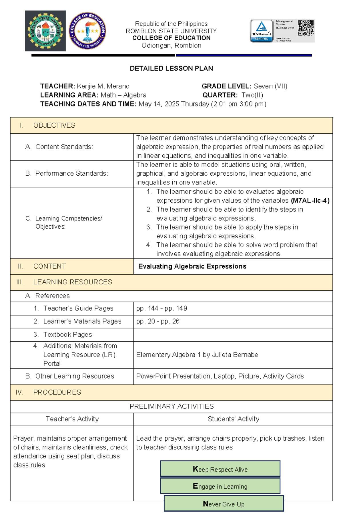 Detailed Lesson Plan for Math Algebra (Grade VII) - Kenjie M. Merano ...