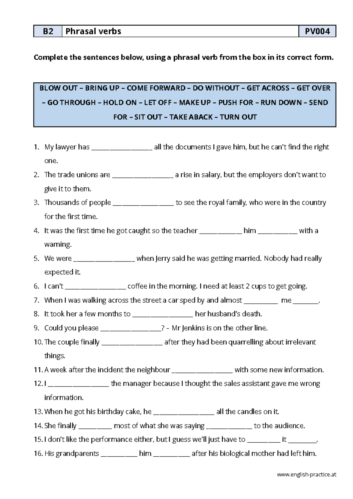 B2 PV004 Phrasal Verbs Practice: Complete the Sentences Exercise - Studocu
