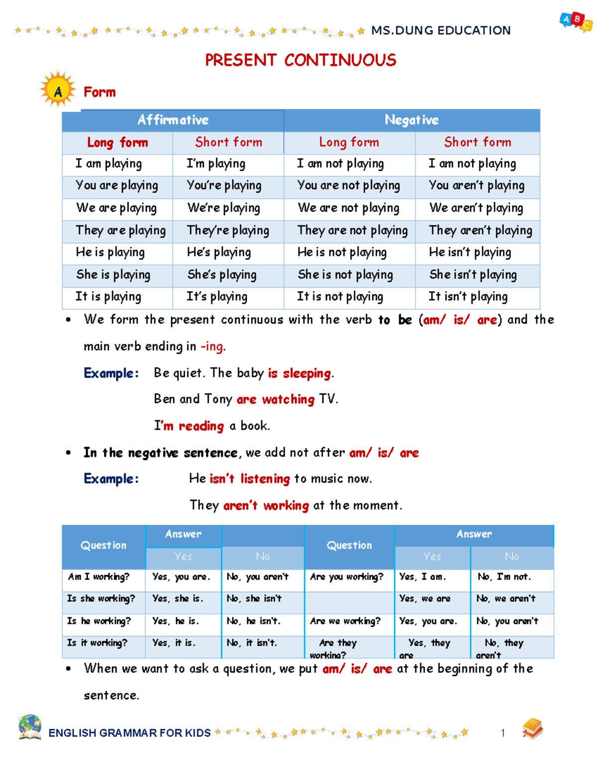 MS.DUNG EDUCATION PRESENT CONTINUOUS GRAMMAR NOTES - Studocu