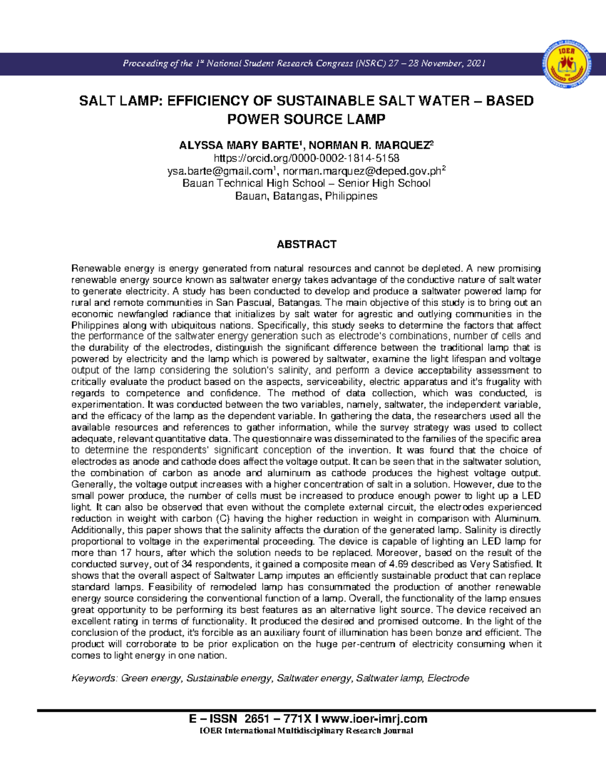 SALT LAMP: EFFICIENCY STUDY OF SUSTAINABLE SALT WATER BASED POWER - Studocu