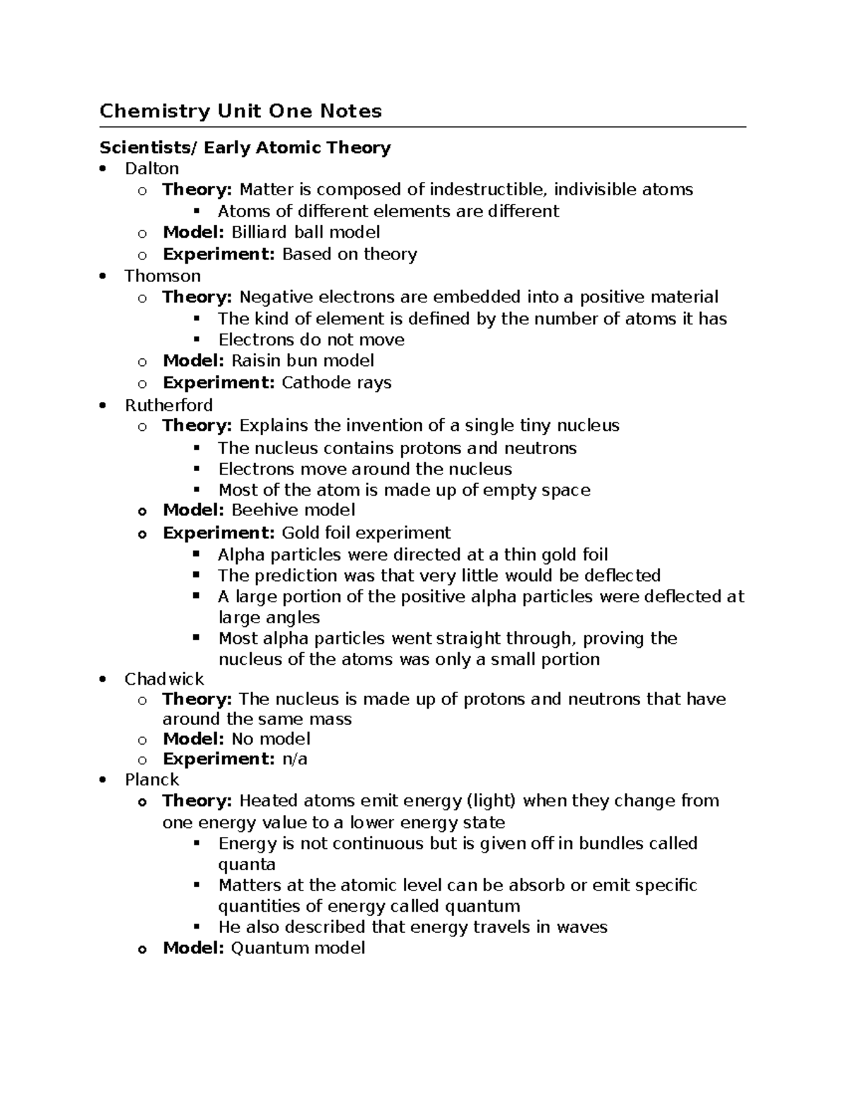 Chemistry 101: Unit One Notes on Atomic Theory and Bonding - Studocu