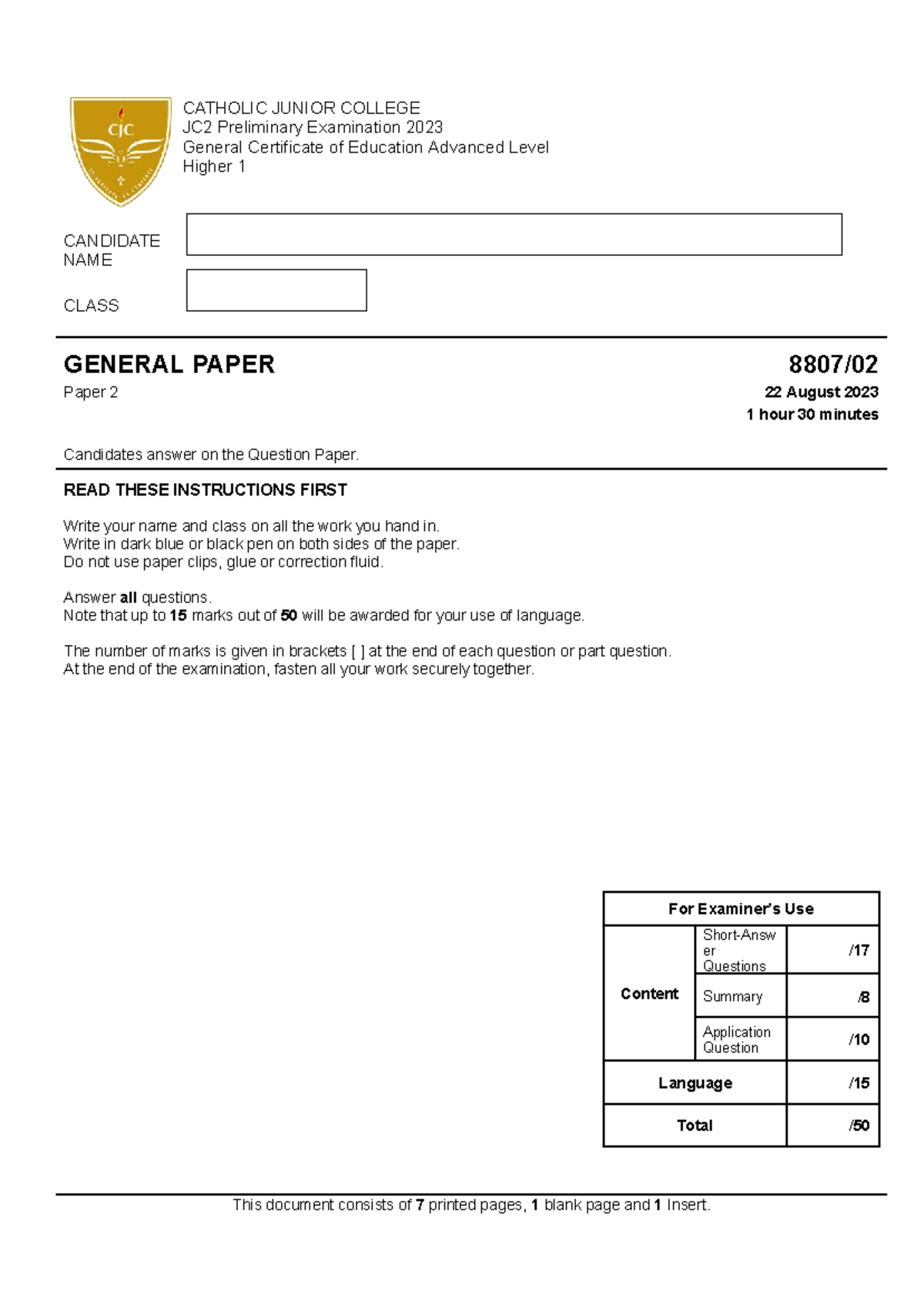 CJC 2023 JC2 General Paper Preliminary Exam Paper 2 Question Paper ...