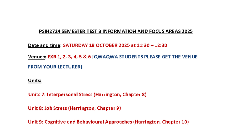 PSIH2724 Semester Test 3: Key Info & Focus Areas for 2025 - Studocu