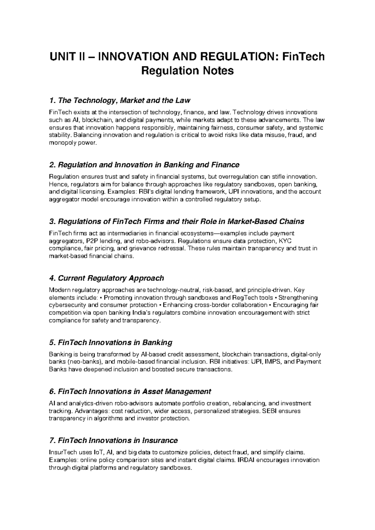 FinTech Regulation Unit II: Innovation & Compliance Insights - Studocu