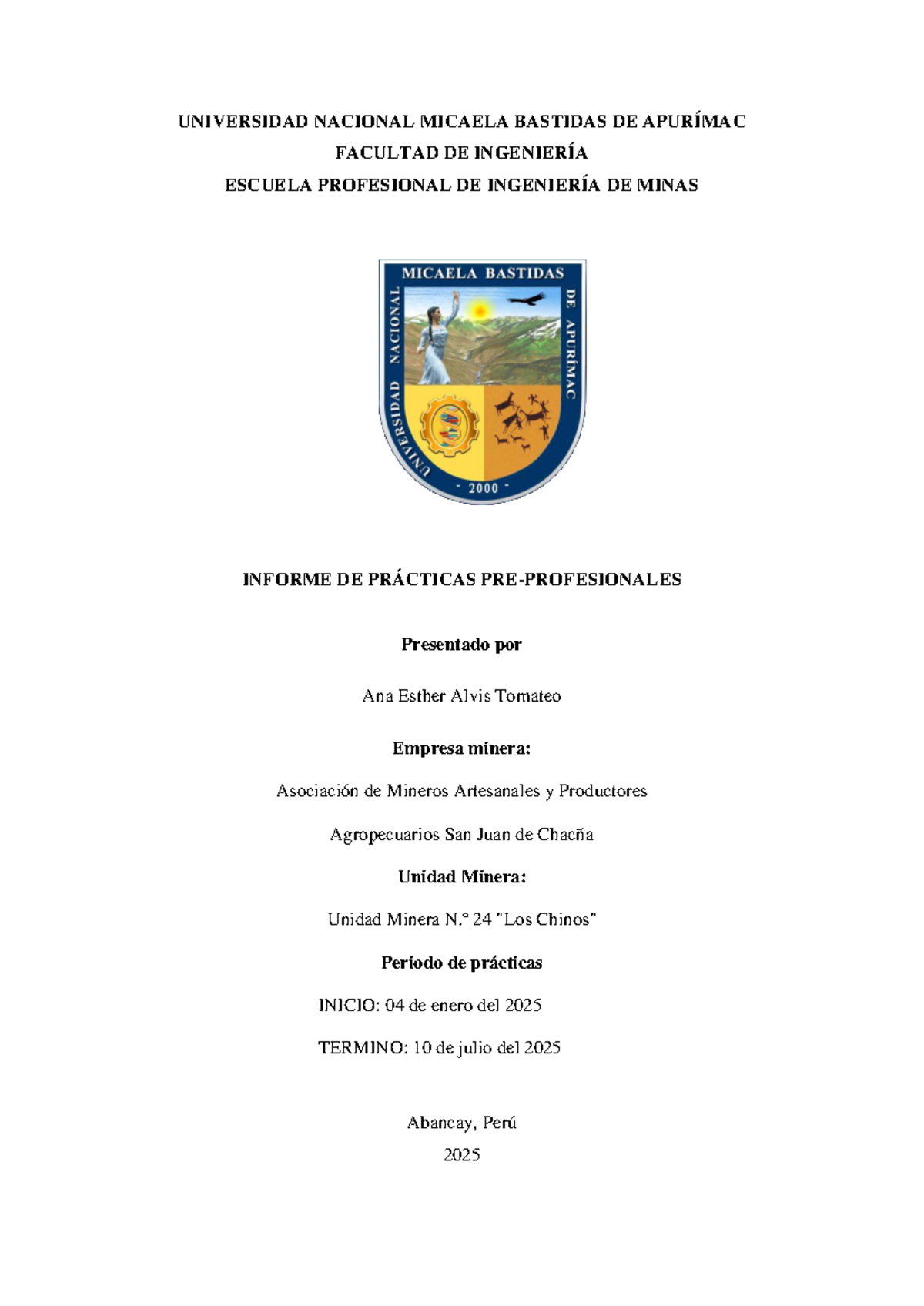 Informe de Prácticas Preprofesionales en Ingeniería de Minas - 2025 - Document Preview