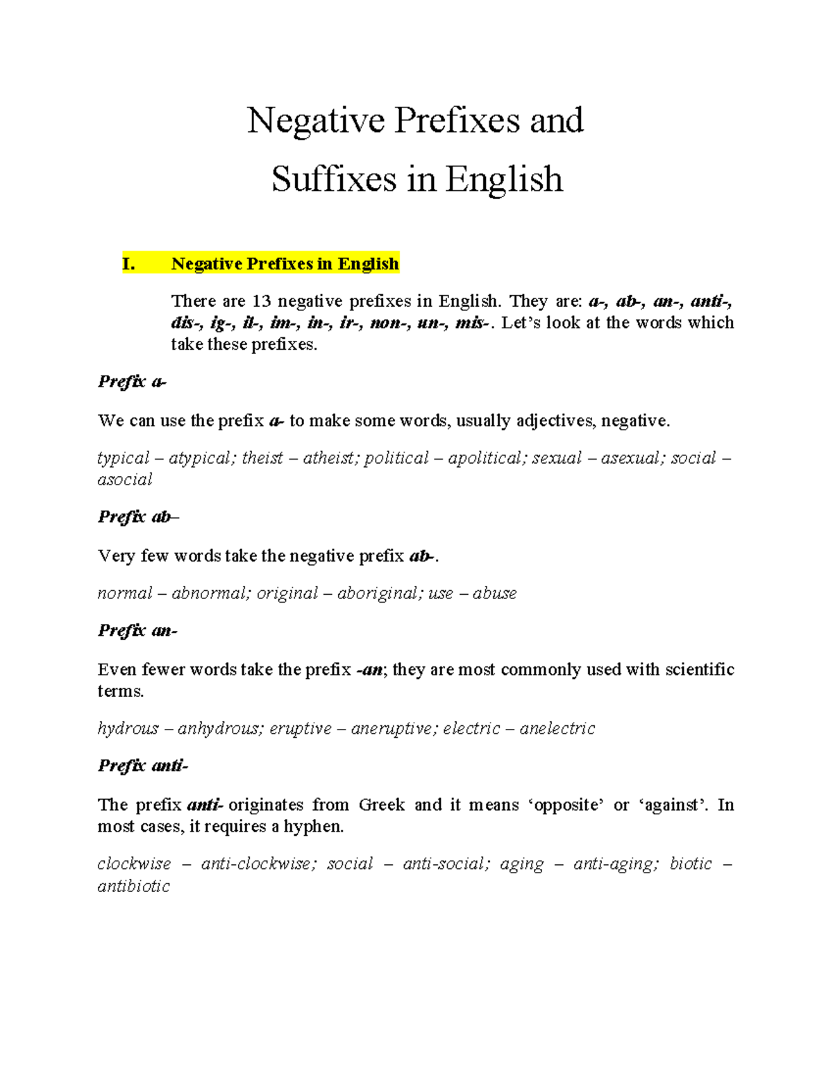 Negative Prefixes in English I: Understanding Common Prefixes - Studocu