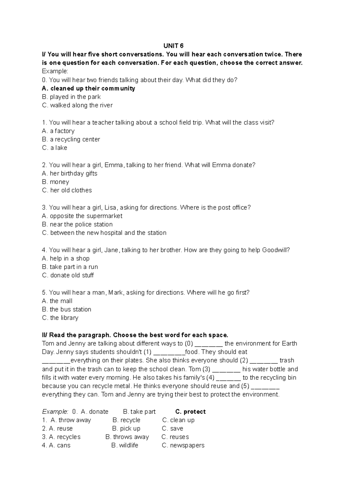UNIT 6-7 Listening Comprehension Practice for English 6 GK1 - Studocu