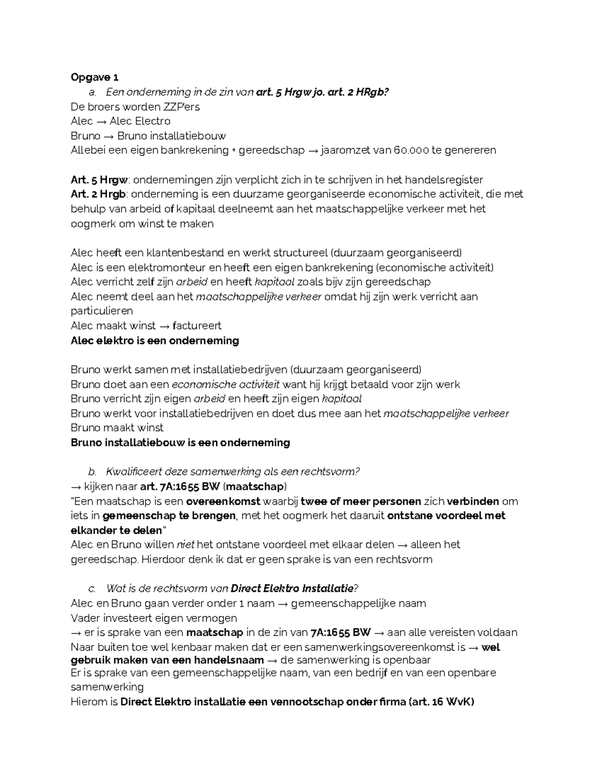 Opgave 1: Rechtsvorm en Ondernemerschap volgens Art. 5 Hrgw & Art. 2 ...