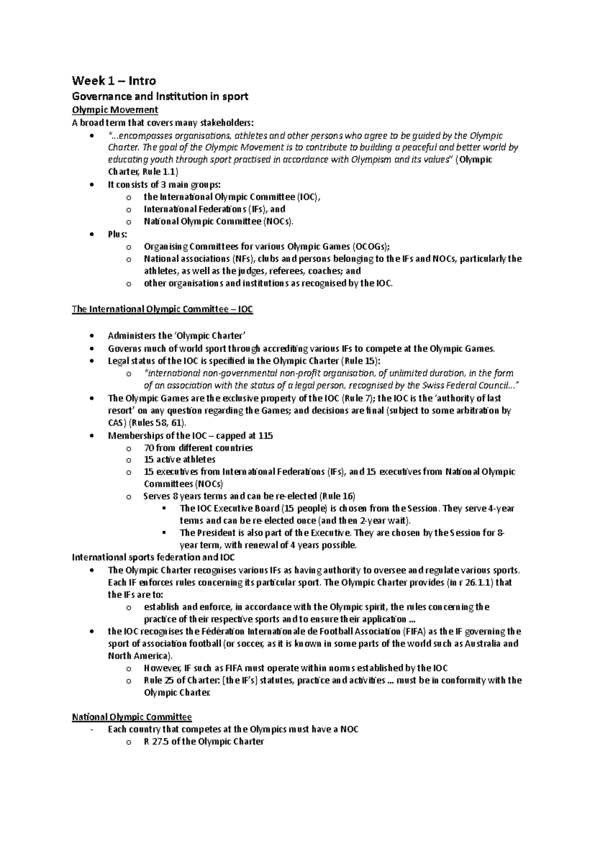 Sports Law Exam Notes: Week 1 Governance & Week 2 Disputes in Sport ...