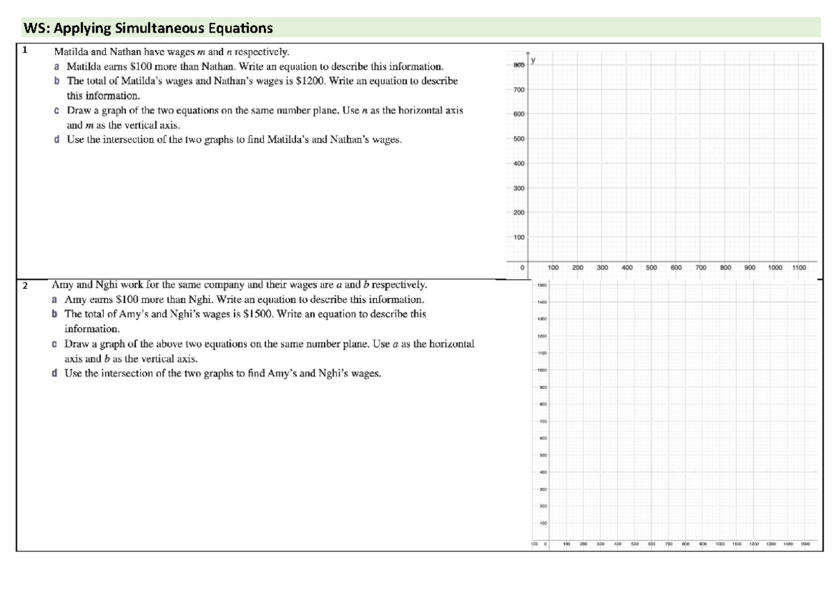 WS: Simultaneous Equations Practice and Graphing Techniques - Studocu