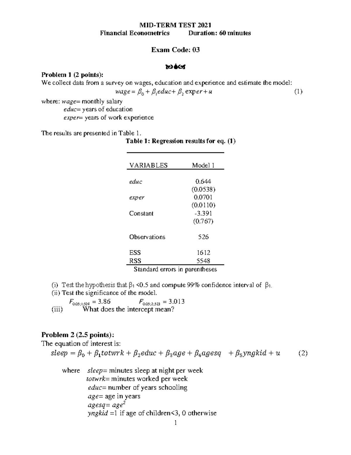 Midterm Exam 2021 - Financial Econometrics (Course Code: 03) - Studocu