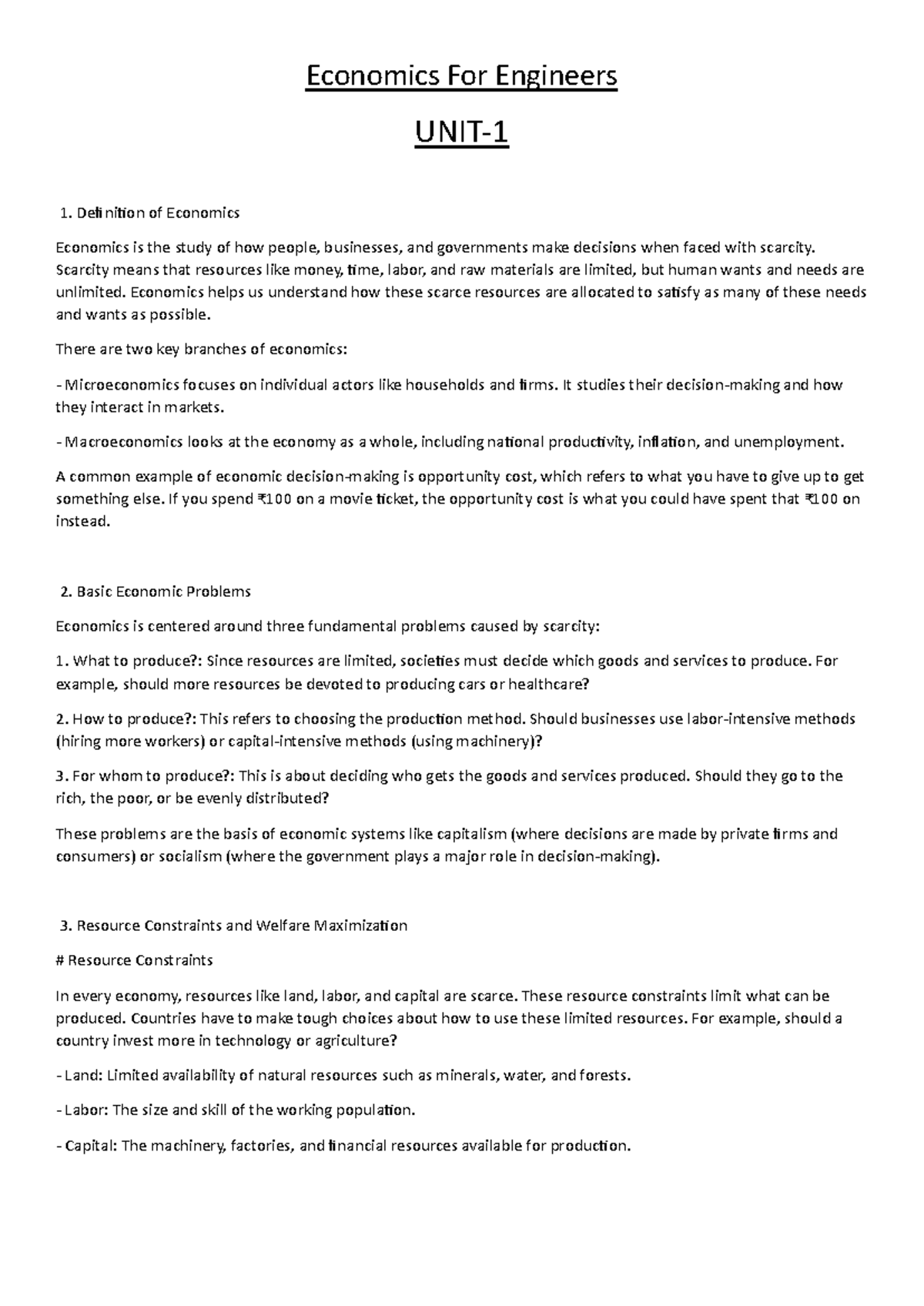 Economics for Engineers: UNIT 1 Concepts and Key Principles - Studocu