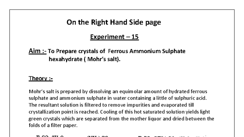 Experiment 15: Preparation of Ferrous Ammonium Sulphate Crystals - XII ...