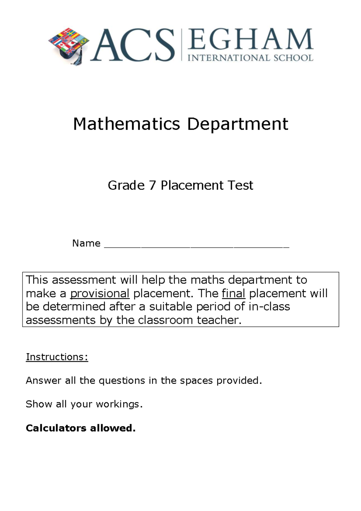 Grade 7 Math Placement Test: Assessment for Provisional Placement - Studocu