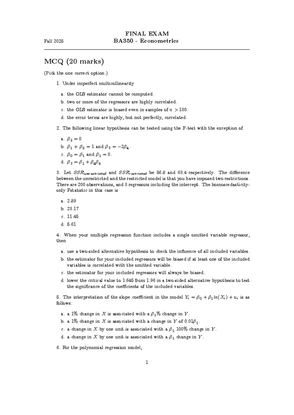 FINAL EXAM BA350 Econometrics Fall 2025 MCQ Review and Solutions - Studocu