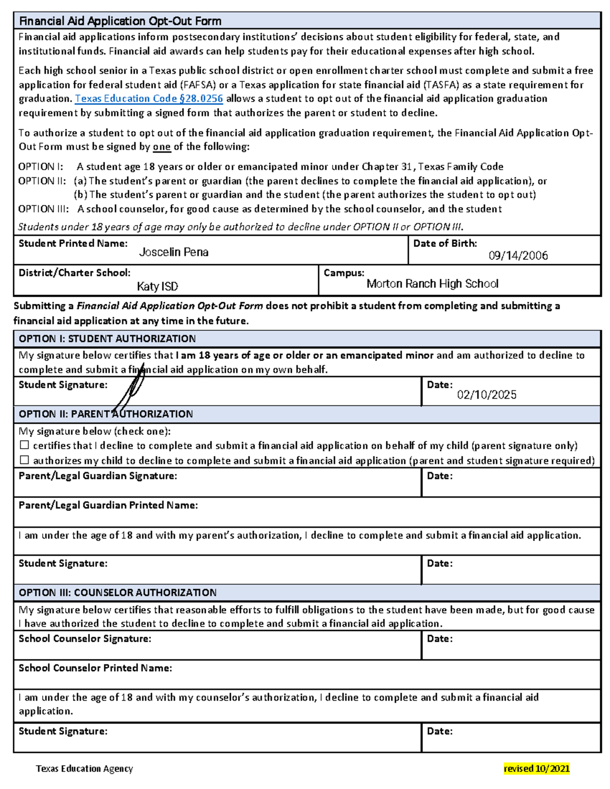 Opt-Out Fafsa Form - gizmos - Texas Education Agency revised 10 ...