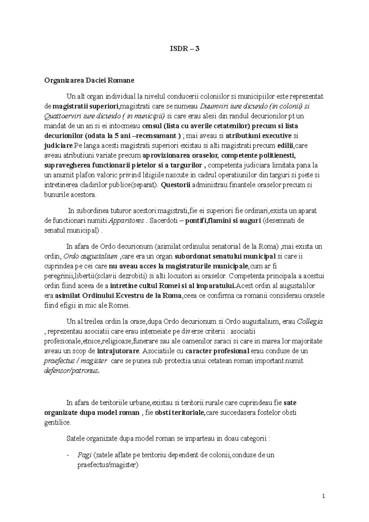 Isdr doc3 - Lecture notes 3 - ISDR – 3 Organizarea Daciei Romane Un alt ...