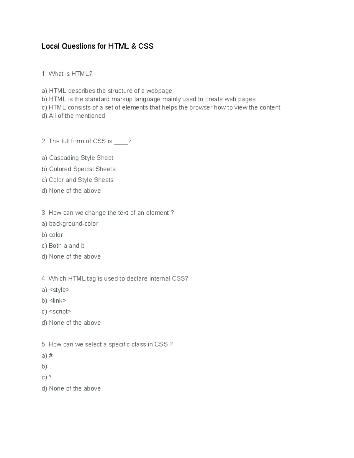 Local Questions for HTML & CSS - Study Guide - Studocu