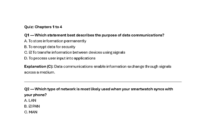 COS2626 Quiz: Data Communications Concepts from Chapters 1 to 4 - Studocu