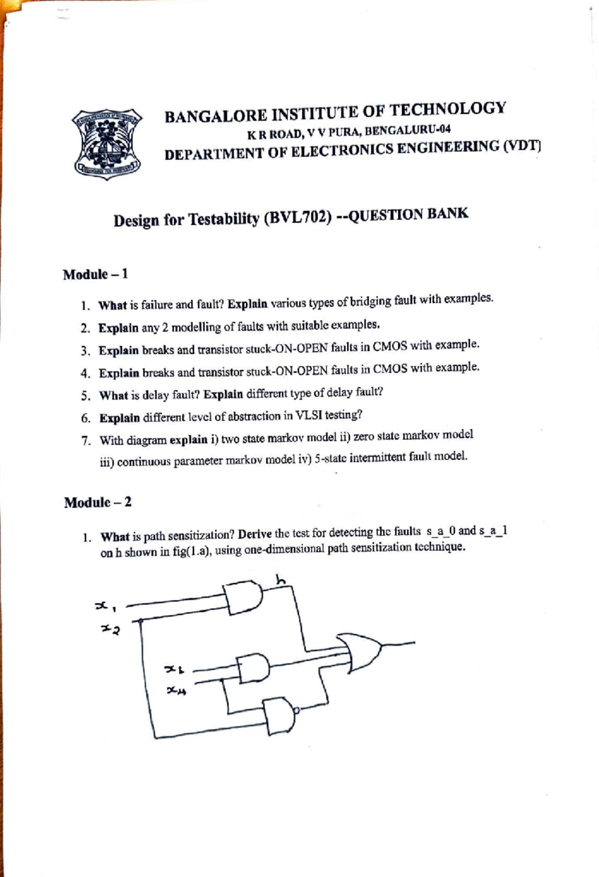 DFT Question Bank for Design for Testability (BVL702) - Module 1 to 4 ...