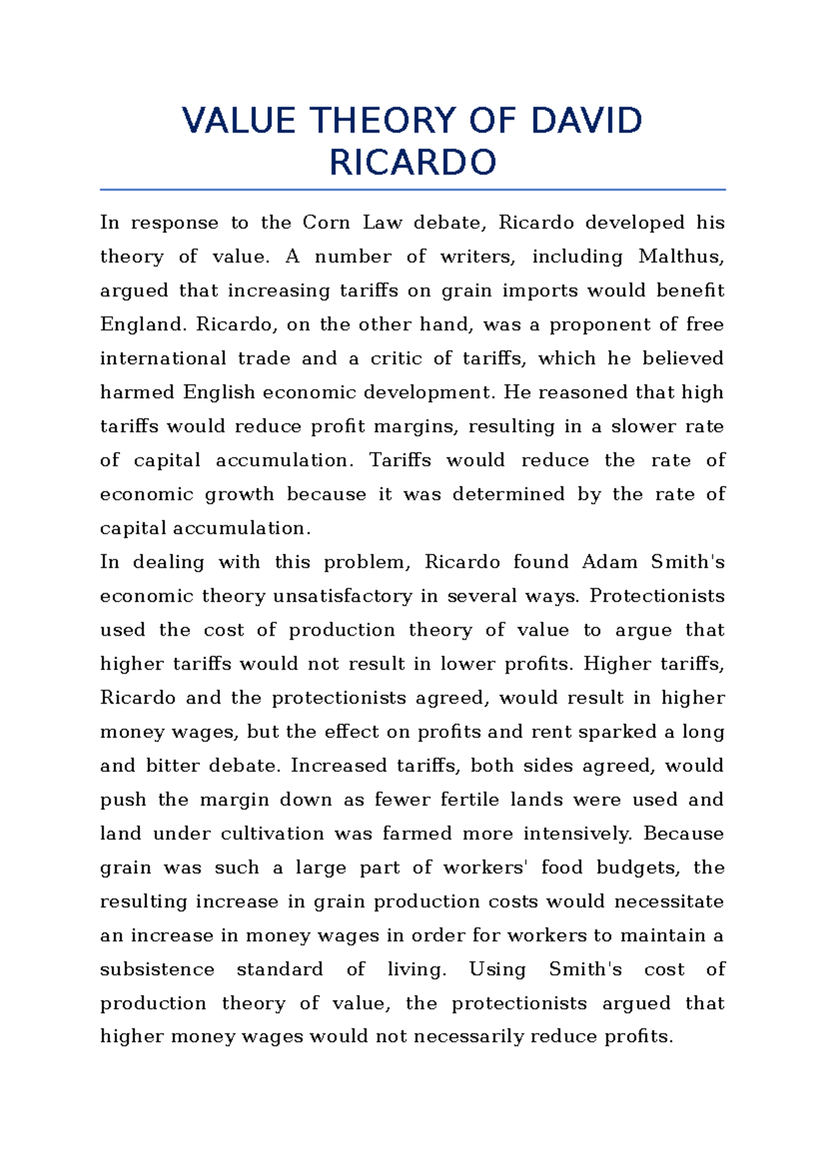 Value Theory of David Ricardo: Insights on Capital and Prices - Studocu